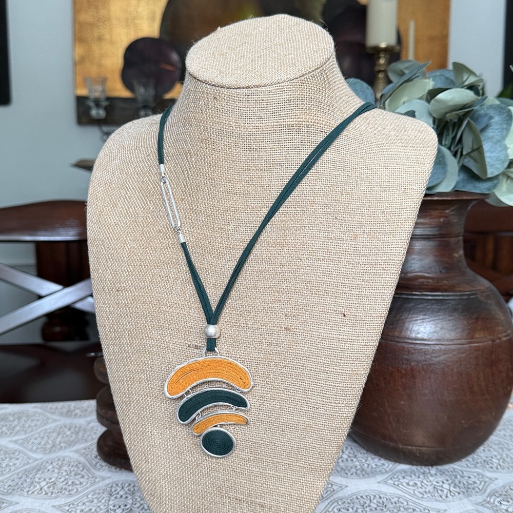 Green, Mustard Yellow and Silver Pendant Necklace